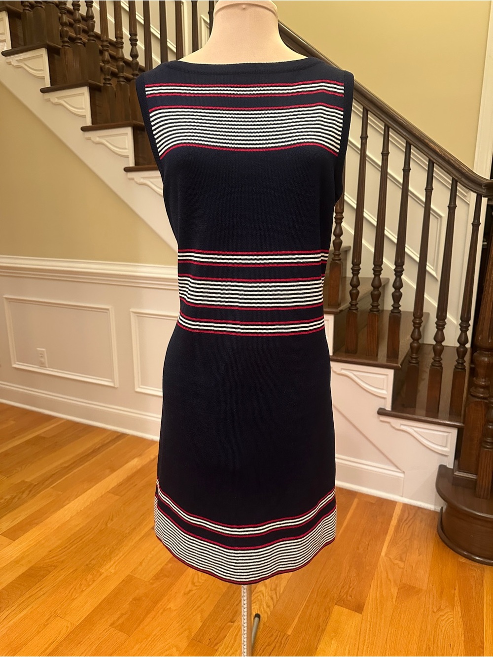 St. John Sport by Marie Gray Navy Sleeveless Knit Dress with White & Red Stripes
